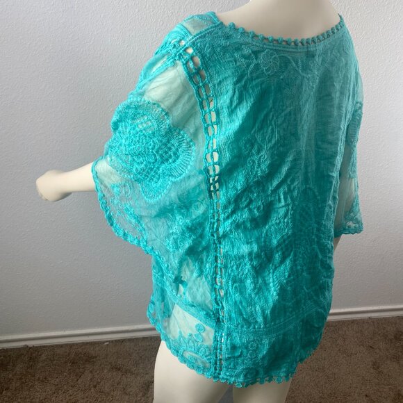Sapphire Anthropology brand turquoise intricate lace boho top. Sz Large petite. - Picture 6 of 12
